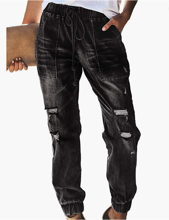 Black Fashion Distressed Drawstring Jeans