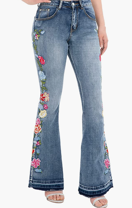 Women's Floral Embroidered Flare Bell Bottom Jeans
