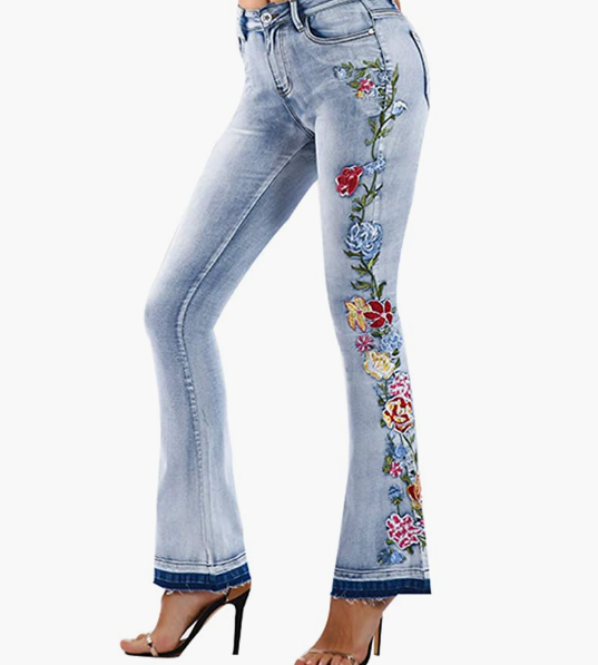 Women's Floral Embroidered Flare Bell Bottom Jeans