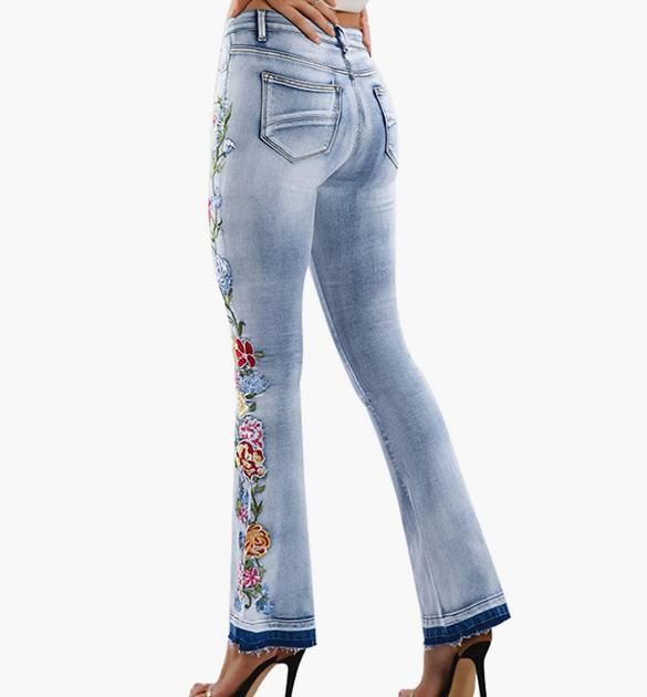 Women's Floral Embroidered Flare Bell Bottom Jeans