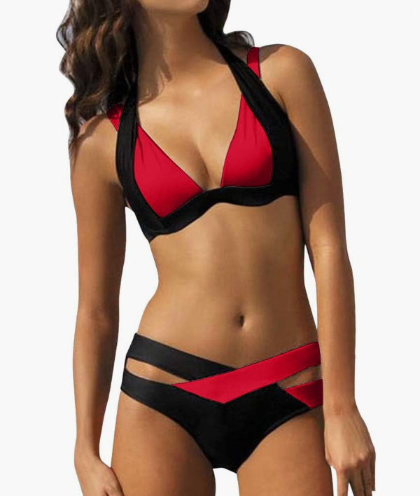 Push Up Bikini Sets Criss Cross High Waisted Two Piece Bathing Suit Color Block Beach Swimsuits