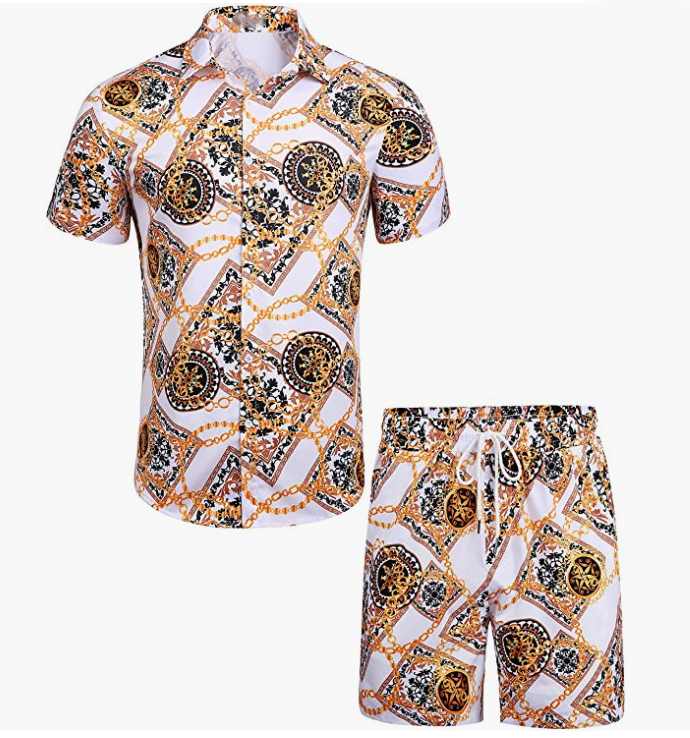 Men's Flower Button Down Hawaiian Sets Casual Short Sleeve Shirt and Shorts Suits