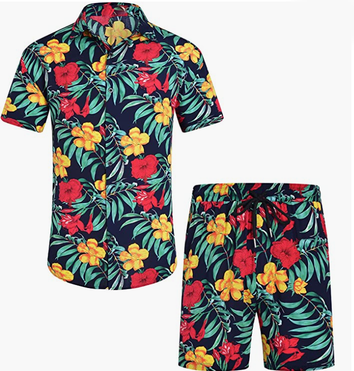 Men's Flower Button Down Hawaiian Sets Casual Short Sleeve Shirt and Shorts Suits