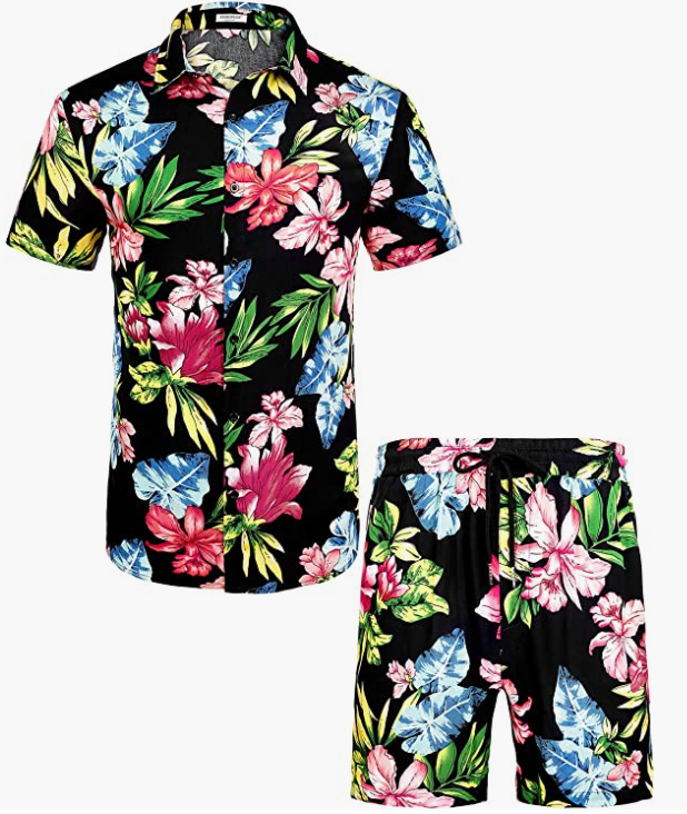 Men's Flower Button Down Hawaiian Sets Casual Short Sleeve Shirt and Shorts Suits