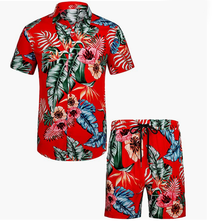 Men's Flower Button Down Hawaiian Sets Casual Short Sleeve Shirt and Shorts Suits