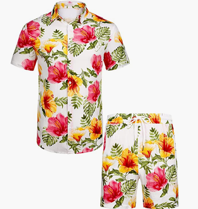 Men's Flower Button Down Hawaiian Sets Casual Short Sleeve Shirt and Shorts Suits