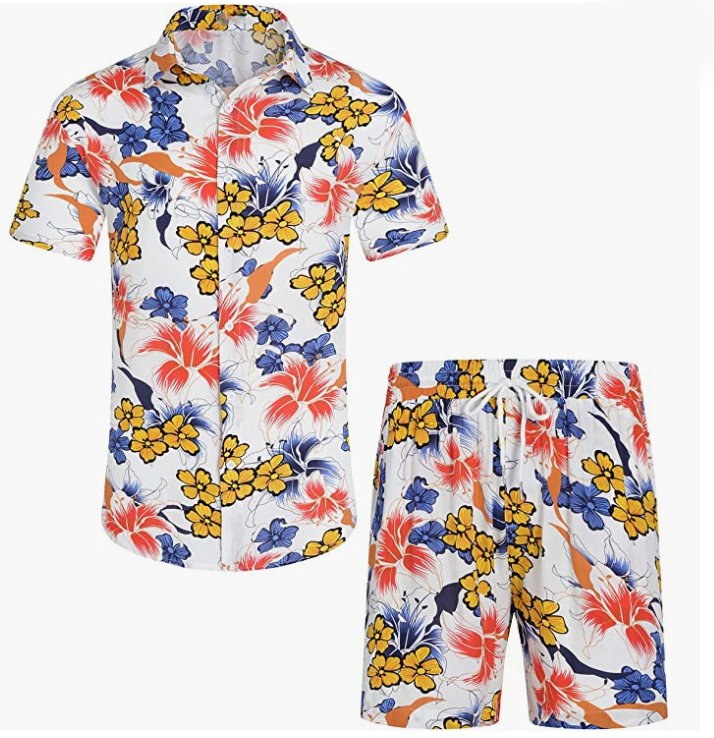 Men's Flower Button Down Hawaiian Sets Casual Short Sleeve Shirt and Shorts Suits