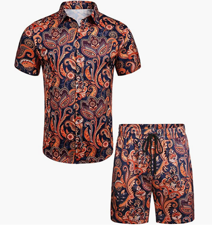 Men's Flower Button Down Hawaiian Sets Casual Short Sleeve Shirt and Shorts Suits