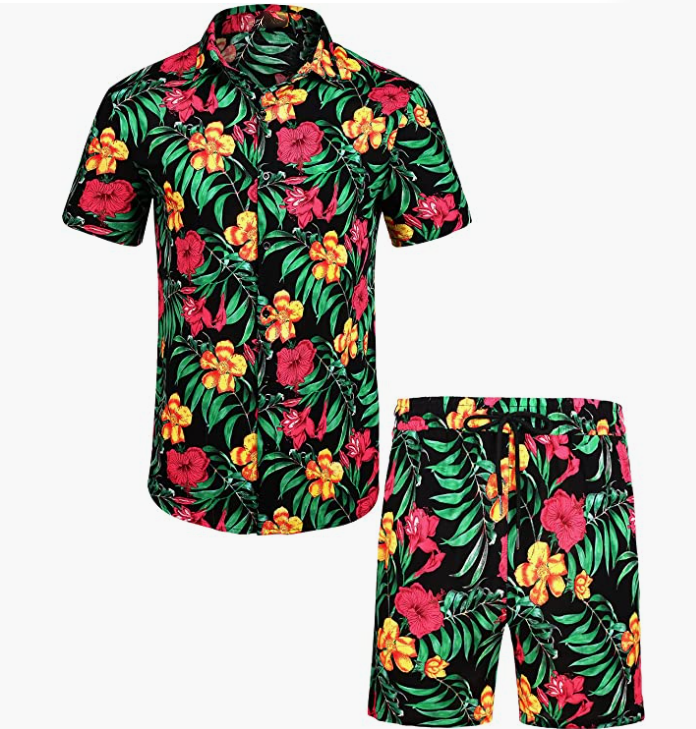Men's Flower Button Down Hawaiian Sets Casual Short Sleeve Shirt and Shorts Suits