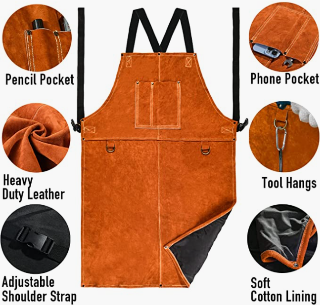 REAL Leather Welding Work Apron - Heat Resistant & Flame Resistant Bib Apron, Flame Retardant Heavy Duty BBQ Apron