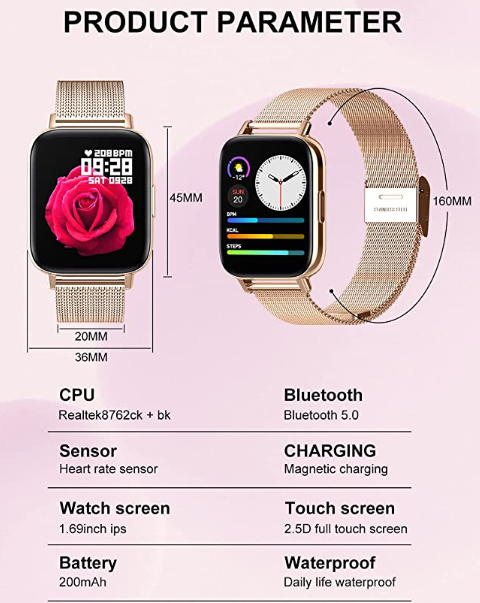Fitness Watch with Blood Pressure Heart Rate Monitor, IP67 Waterproof Stainless Steel Sport Smartwatch