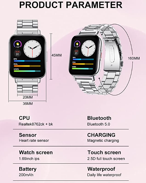 Fitness Watch With Blood Pressure Heart Rate Monitor, IP67 Waterproof Stainless Steel Sport Smartwatch