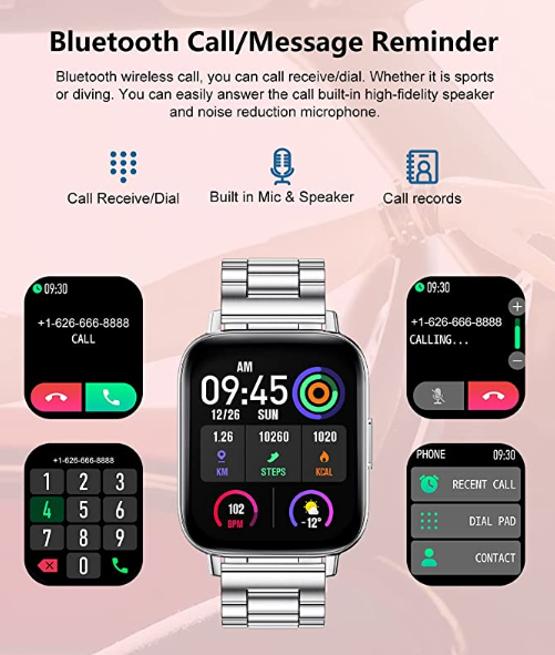 Fitness Watch With Blood Pressure Heart Rate Monitor, IP67 Waterproof Stainless Steel Sport Smartwatch