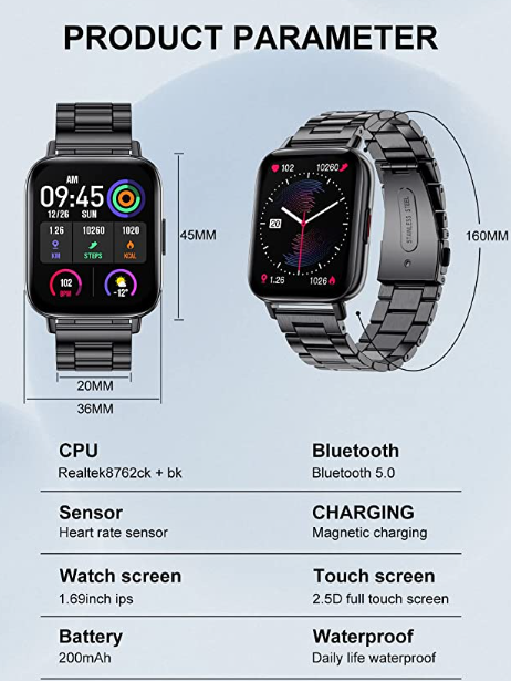 Fitness Watch With Blood Pressure Heart Rate Monitor, IP67 Waterproof Stainless Steel Sport Smartwatch