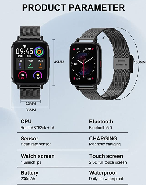 Fitness Watch With Blood Pressure Heart Rate Monitor, IP67 Waterproof Stainless Steel Sport Smartwatch