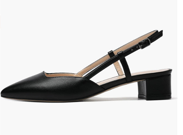 Women's Buckle Matte Slingback Cut Out Pointed Toe Chunky Low Heel