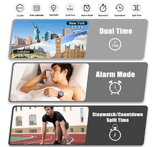 Watch Waterproof With Stopwatch Alarm Countdown Dual Time, Ultra-Thin Super Wide-Angle Display Digital Wrist Watches For Men Women