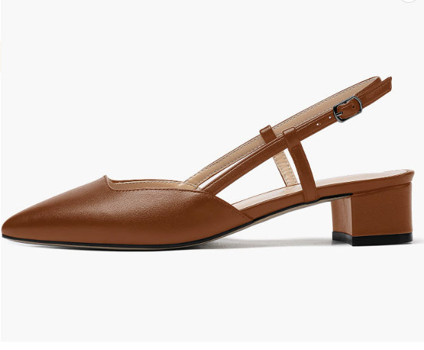Women's Buckle Matte Slingback Cut Out Pointed Toe Chunky Low Heel