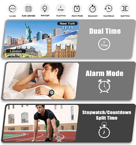 Watch Waterproof With Stopwatch Alarm Countdown Dual Time, Ultra-Thin Super Wide-Angle Display Digital Wrist Watches For Men Women