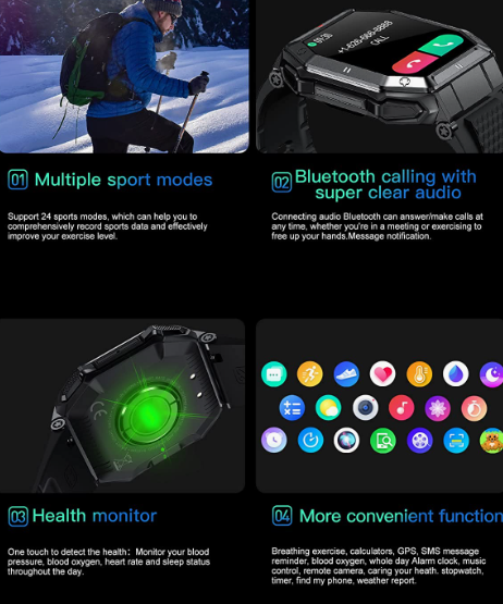 Military Smart Watches for Men Waterproof Outdoors Sport Fitness Activity Tracker Watch, 1.85'' HD Blood Pressure/Blood Oxygen/Heart Rate Monitor