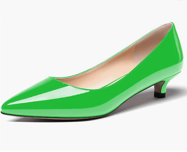 Women's Slip On Solid Pointed Toe Patent Kitten Low Heel Pumps Shoes