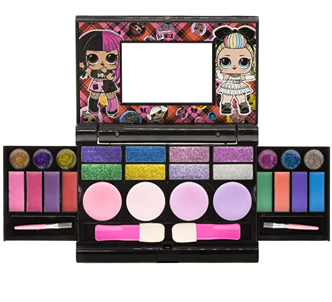 Mirror, 14 Lip glosses, 8 Eye Shadow, 4 Blushes & 4 Brushes Safe & Non-Toxic Colorful Portable Foldable Makeup Beauty Kit for Girls