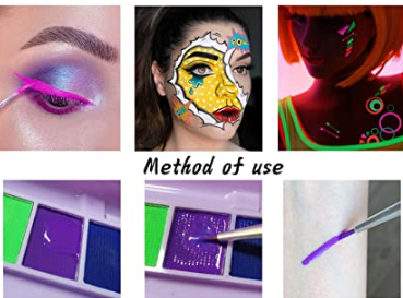 Highly Pigmented Water Based Face Body Paint Makeup,Matte and UV Glow Graphic Eyeliner Palette, include 6 UV Colors