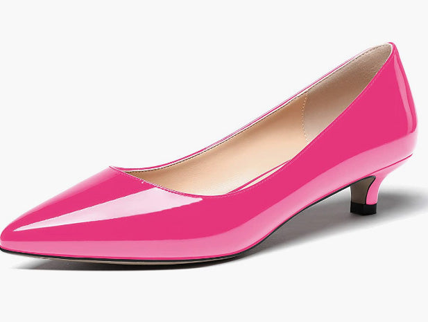 Women's Slip On Solid Pointed Toe Patent Kitten Low Heel Pumps Shoes