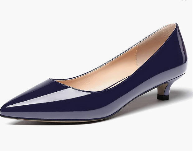 Women's Slip On Solid Pointed Toe Patent Kitten Low Heel Pumps Shoes