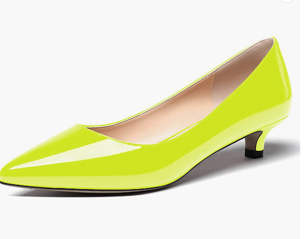 Women's Slip On Solid Pointed Toe Patent Kitten Low Heel Pumps Shoes