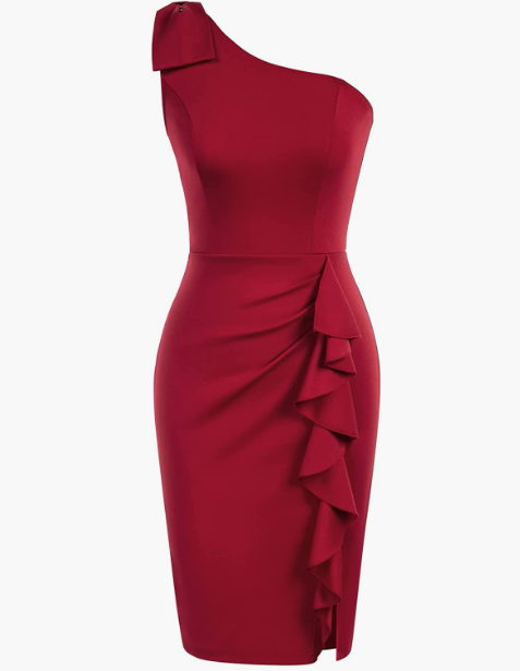 SEXY Women's One Shoulder Tie Bow Vintage Ruffle Ruched Bodycon Cocktail