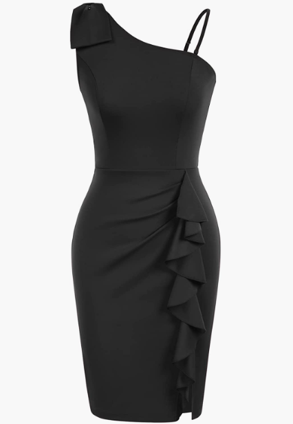 SEXY Women's One Shoulder Tie Bow Vintage Ruffle Ruched Bodycon Cocktail