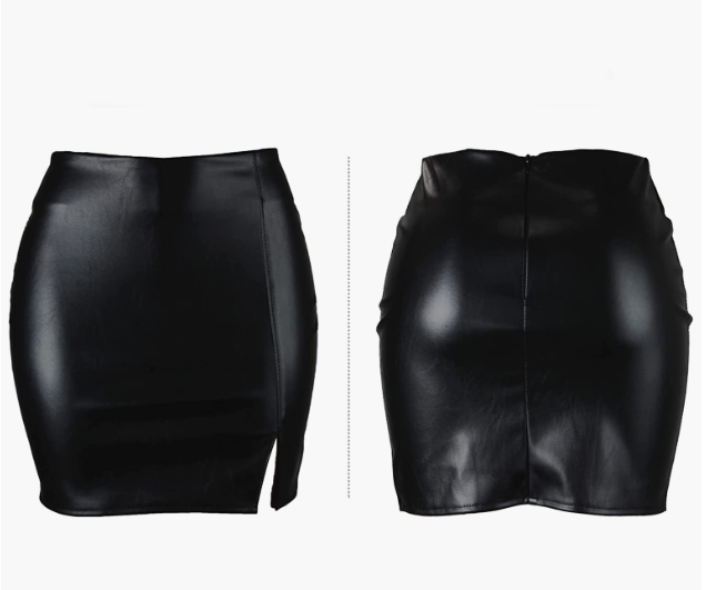 SEXY Mini Skirt High Waist Split Hem Back Zipper PU Leather Skirt