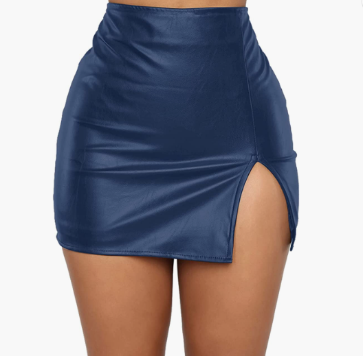 SEXY Mini Skirt High Waist Split Hem Back Zipper PU Leather Skirt FRANCE