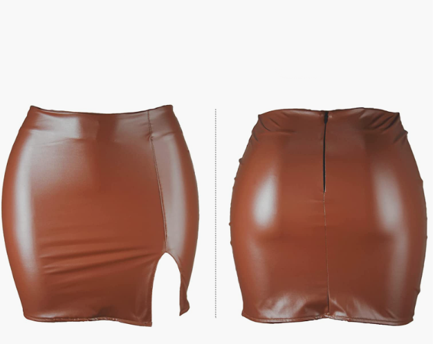 SEXY Mini Skirt High Waist Split Hem Back Zipper PU Leather Skirt FRANCE