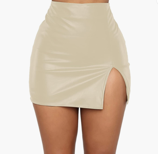 SEXY Mini Skirt High Waist Split Hem Back Zipper PU Leather Skirt FRANCE