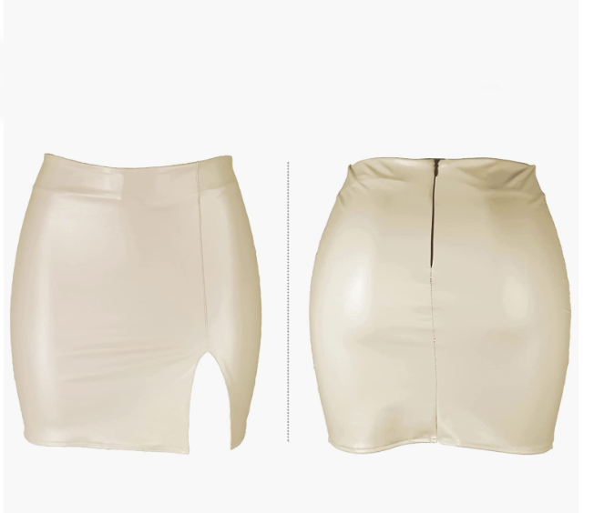 SEXY Mini Skirt High Waist Split Hem Back Zipper PU Leather Skirt FRANCE