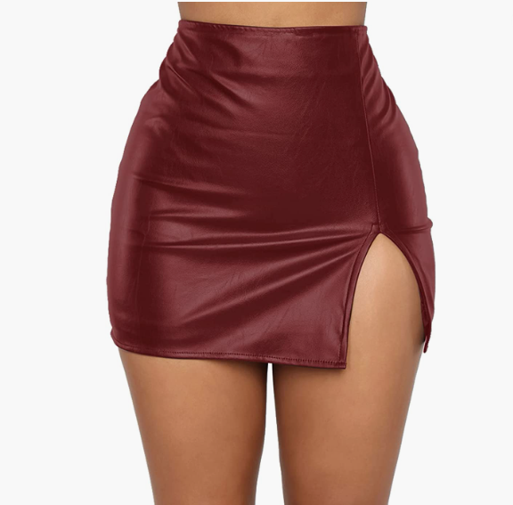SEXY Mini Skirt High Waist Split Hem Back Zipper PU Leather Skirt FRANCE