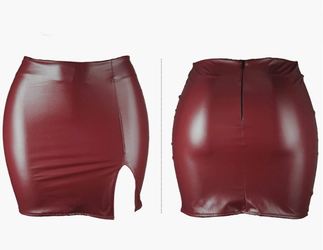 SEXY Mini Skirt High Waist Split Hem Back Zipper PU Leather Skirt FRANCE