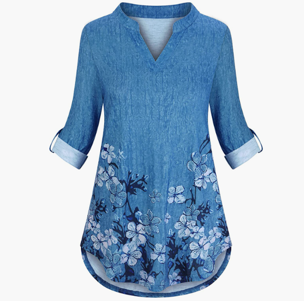 CASUAL Roll Sleeve Shirts Notch V Neck Turkey