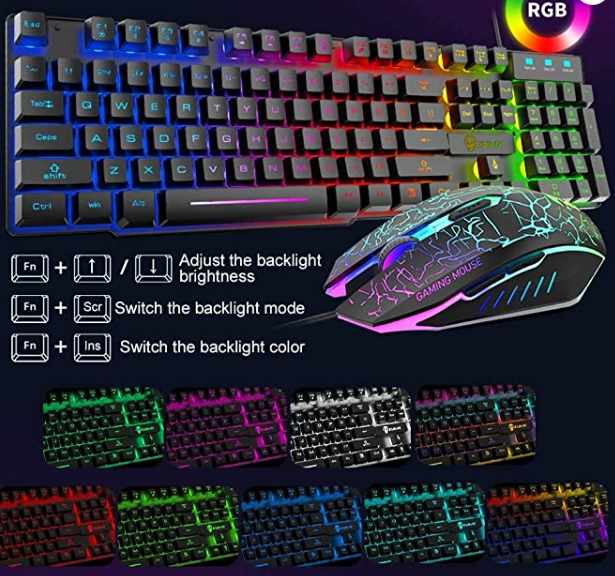 Wired Gaming Keyboard Mouse Headphone and Speaker Combo with Multi RGB Backlight Ergonomic 104 Key Adjustable Mic 2400DPI Mice Large Mousepad Waterproof for PC Mac Gamer Office