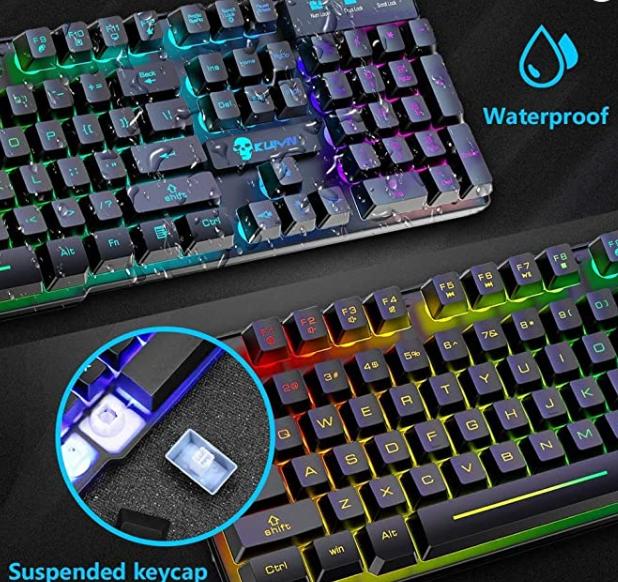Wired Gaming Keyboard Mouse Headphone and Speaker Combo with Multi RGB Backlight Ergonomic 104 Key Adjustable Mic 2400DPI Mice Large Mousepad Waterproof for PC Mac Gamer Office