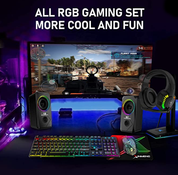 Wired Gaming Keyboard Mouse Headphone and Speaker Combo with Multi RGB Backlight Ergonomic 104 Key Adjustable Mic 2400DPI Mice Large Mousepad Waterproof for PC Mac Gamer Office