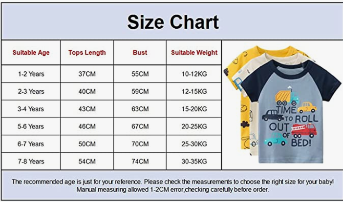 Short Sleeve T-Shirt Cotton  Shirts 1-8 Years