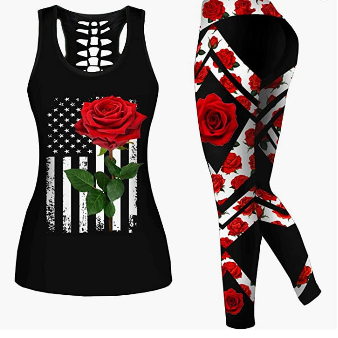 Women 2 Piece Outfits Casual Sweatsuit Skull Printed Tank Tops Yoga Leggings Jogger Set Activewear