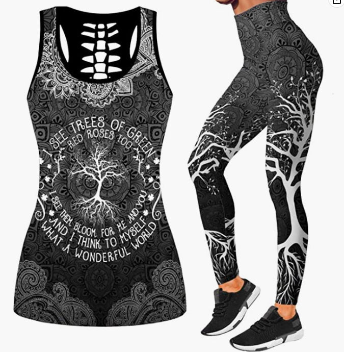 Women 2 Piece Outfits Casual Sweatsuit Skull Printed Tank Tops Yoga Leggings Jogger Set Activewear