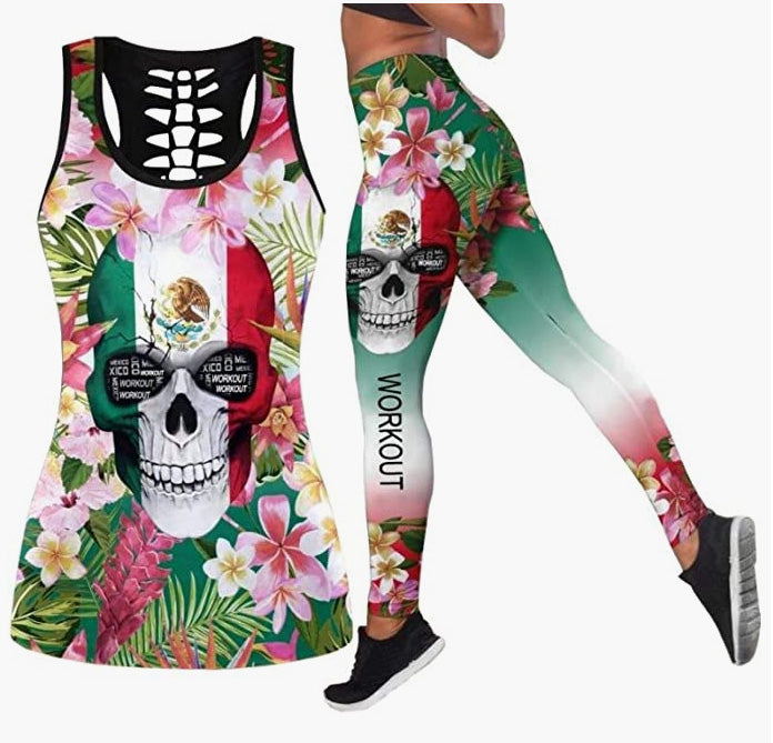 2 Piece Outfits Casual Sweatsuit Skull Printed Tank Tops Yoga Leggings Jogger Set