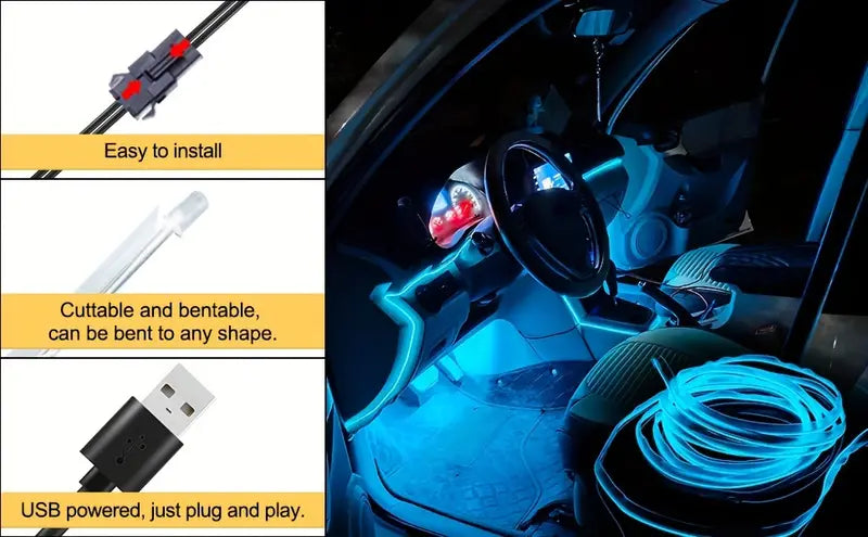 1 USB Neon Wire Light Kit for Car Ambient Lighting,  (5m/5V)