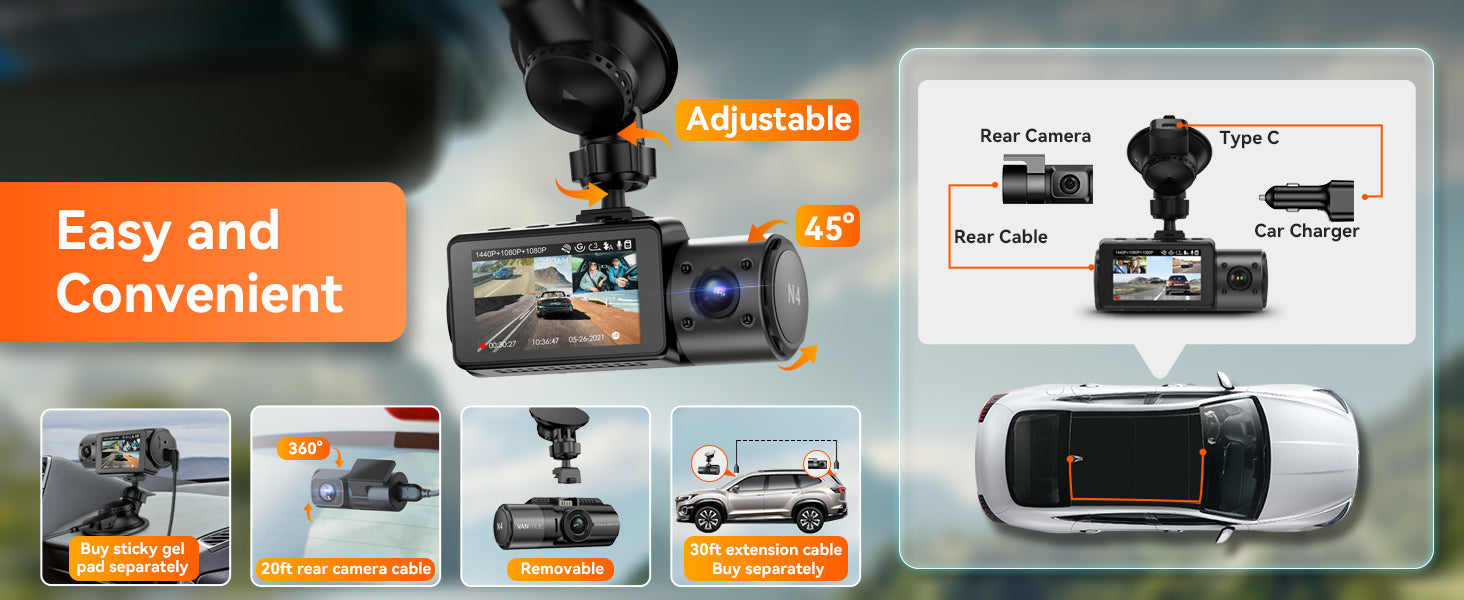 24hr  IR Night Vision, 256GB Max, Channel 4K Dash Cam, Front and Rear