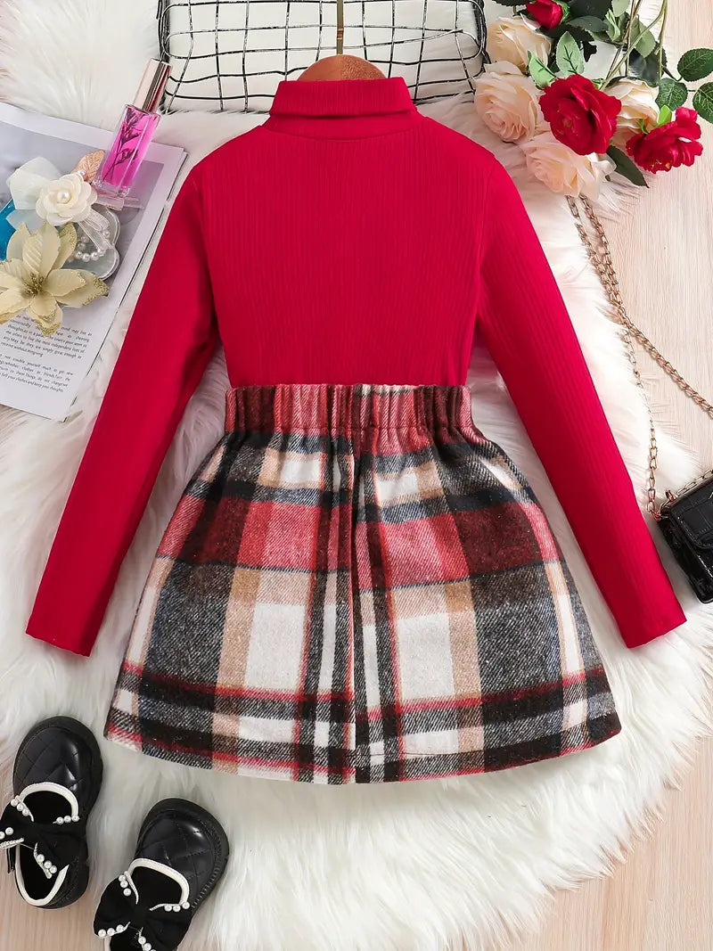 Toddler Girl Fall Winter Clothes Turtleneck Knit Pullover Tops Plaid Pleated Mini Skirt 2Pcs Outfits Set